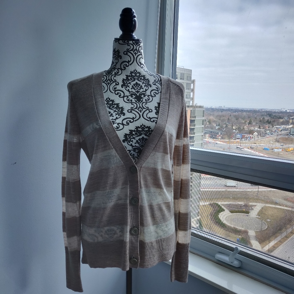 LOFT Stripe Long Casual Spring Cardigan in Brown
